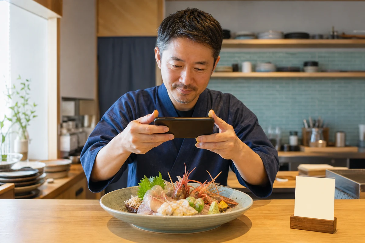 飲食店の店主が料理を撮影し掲載情報を更新する様子