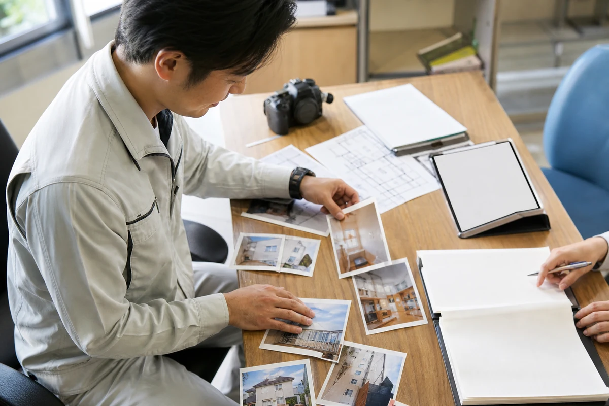 阪南市の建設会社で施工写真を整理する担当者