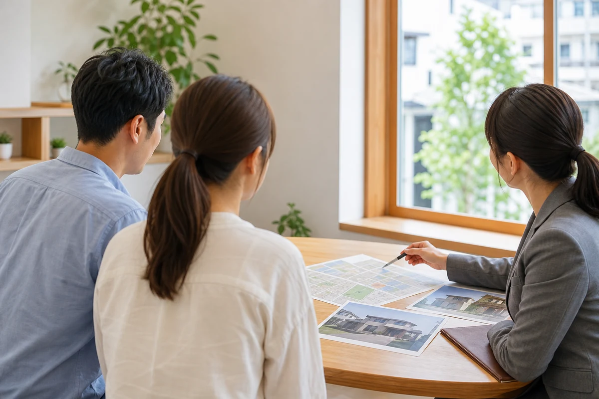 大阪狭山市周辺の地図と住宅写真を見ながら相談する利用者と不動産担当者