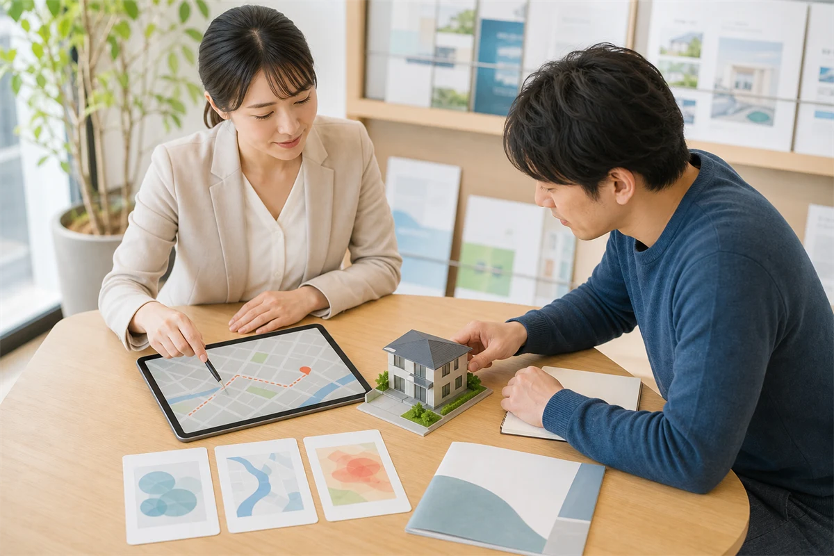 不動産会社の担当者と相談者が地図や住宅模型を使って立地情報を確認する様子