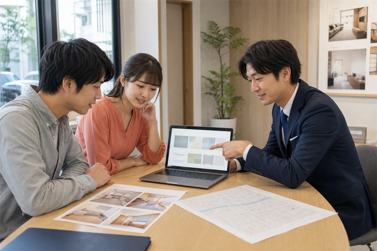 不動産会社の担当者と相談者がホームページの物件情報を一緒に確認する様子