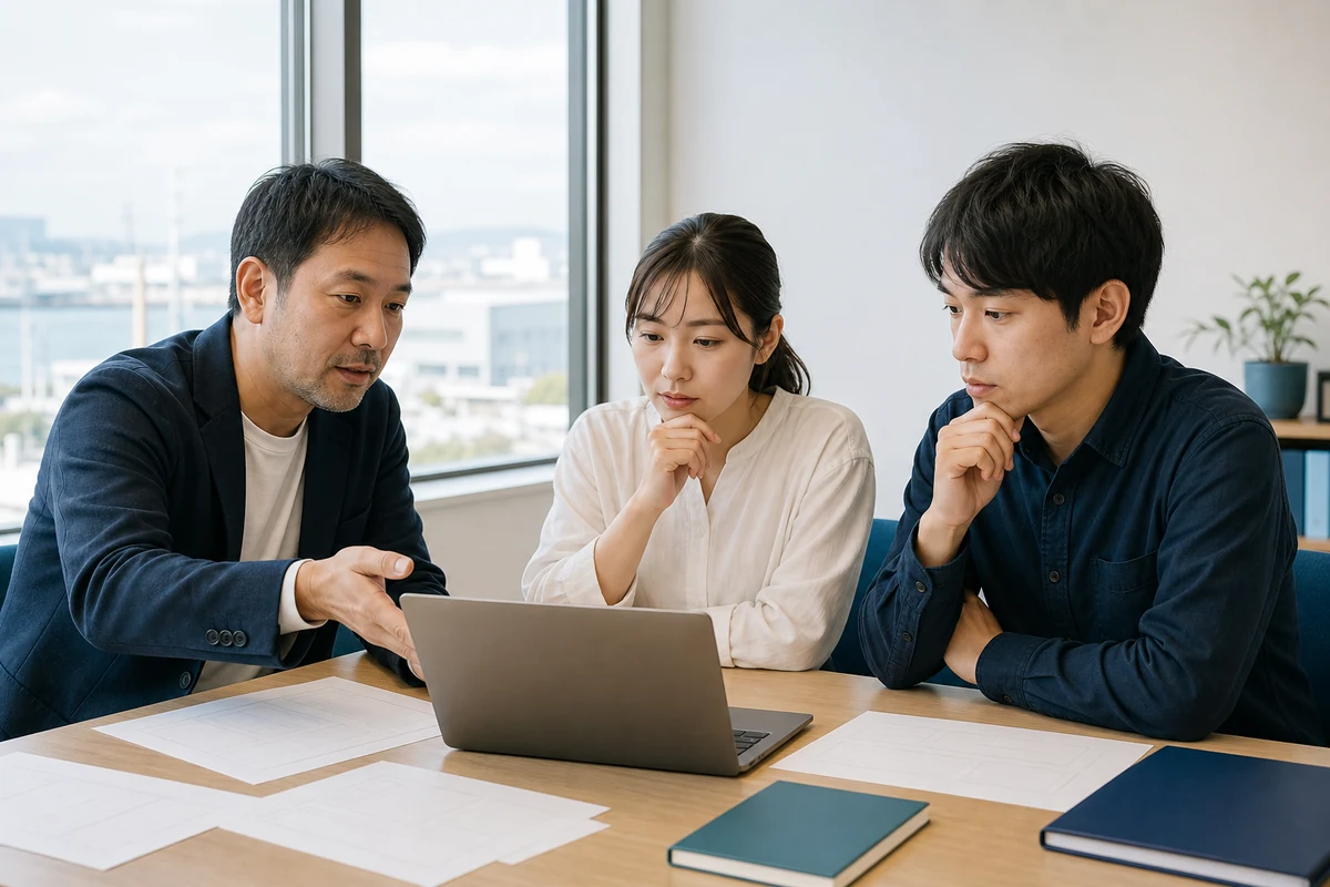 田尻町の事業者がスタッフとホームページのリニューアル計画を確認する様子