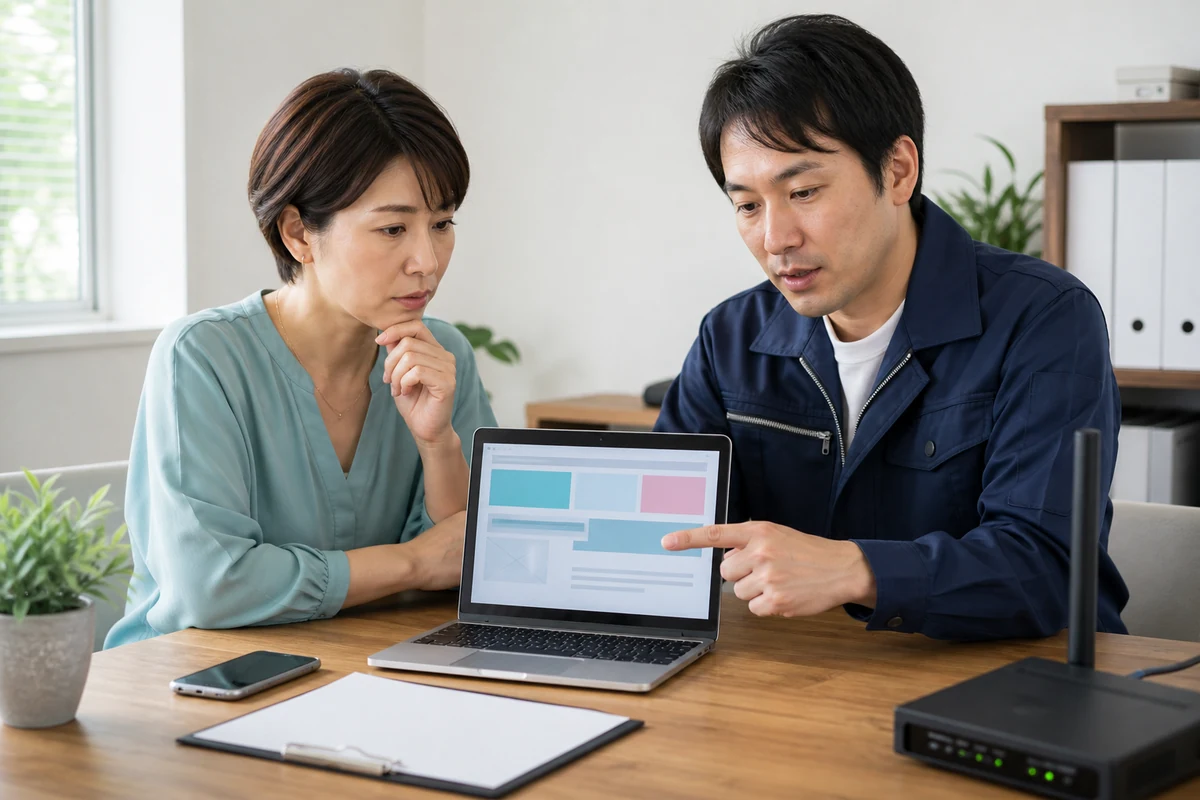 田尻町の事業者がサポート担当者とホームページの不具合箇所を確認する様子
