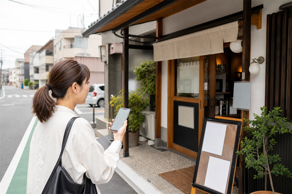 スマートフォンの地図と実際の飲食店入口を見比べる来店客