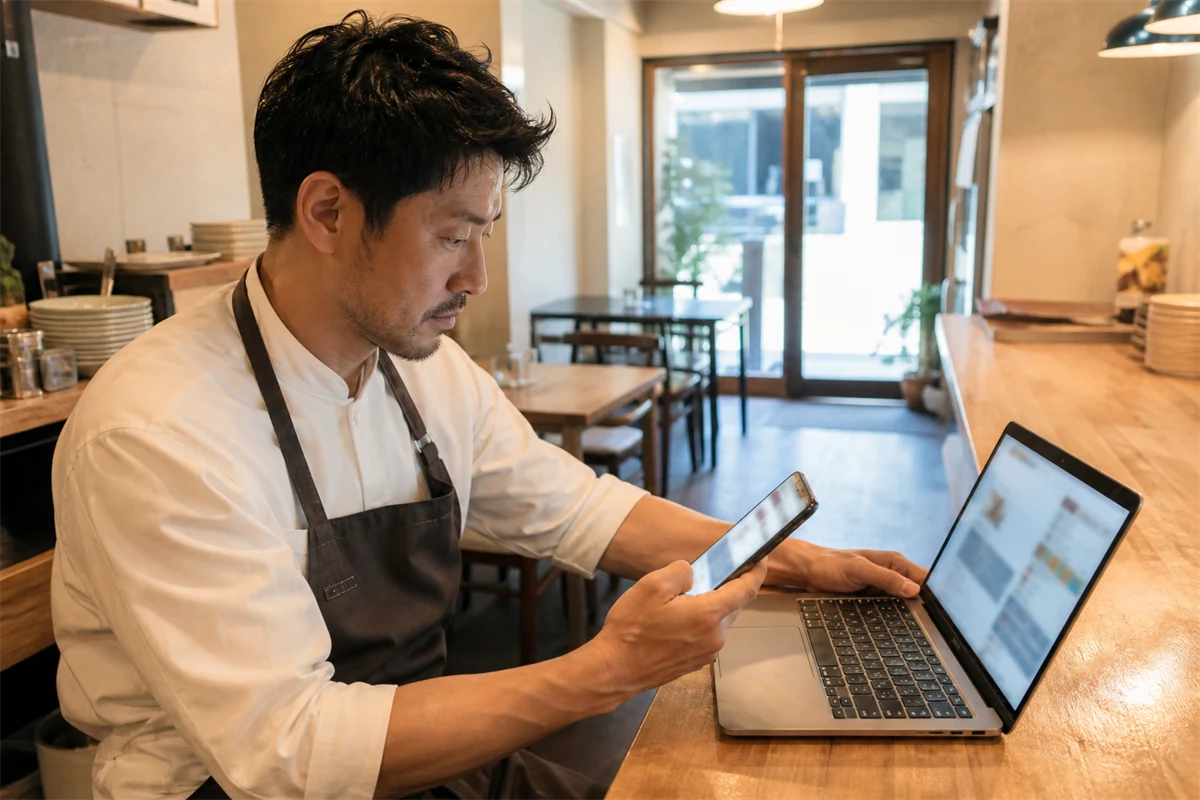 開店前の飲食店でスマートフォンとパソコンの店舗情報を確認する店主