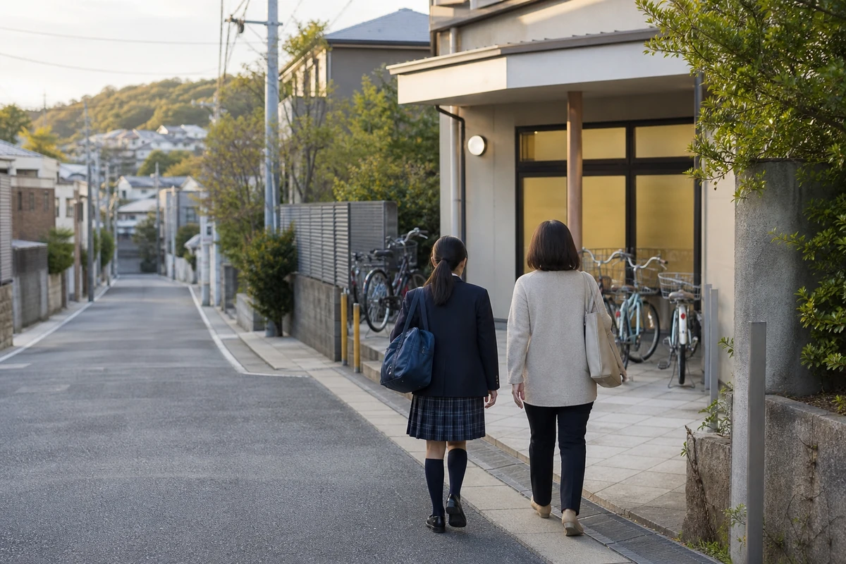 大阪狭山市周辺の住宅地で学習塾へ向かう保護者と生徒