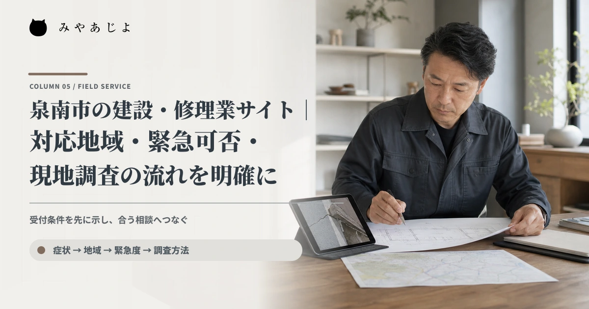 建設・修理業の担当者が現場写真と図面、地図を確認するイメージ