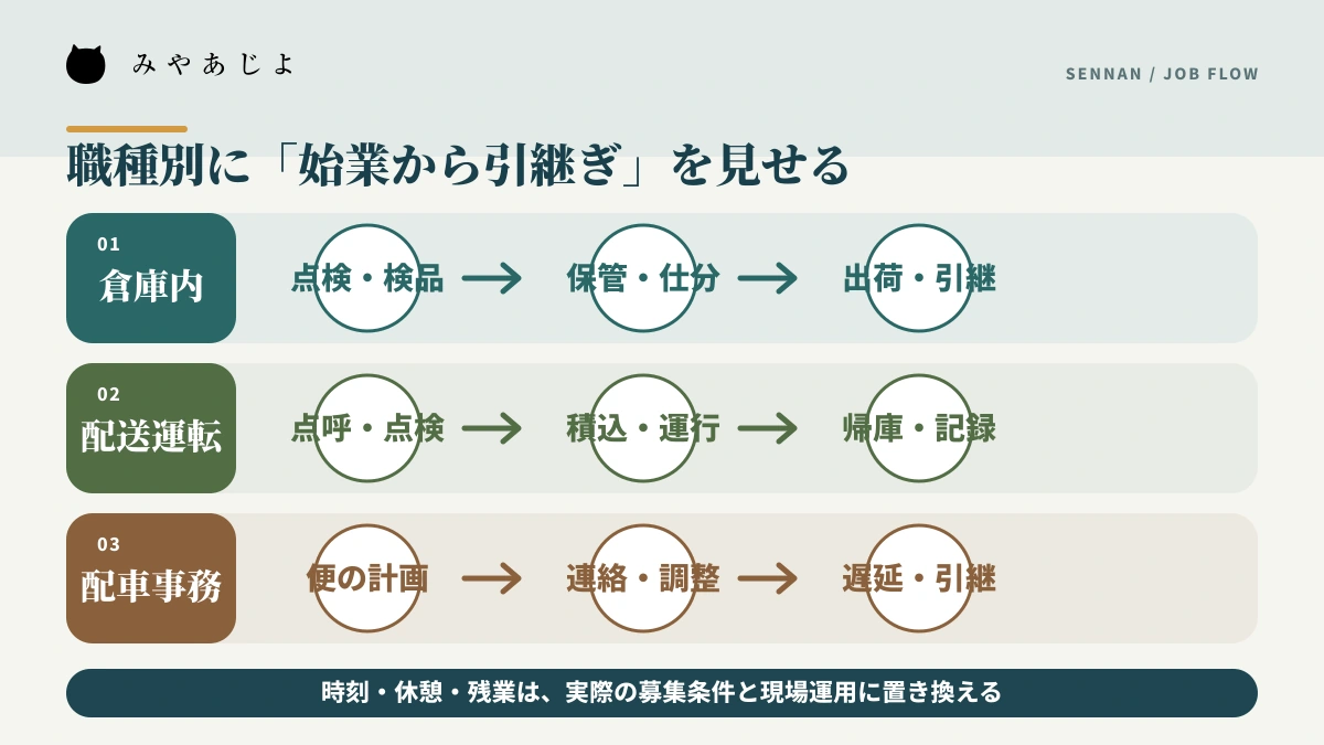 倉庫内作業、配送・運転、配車・事務の一日の流れと引継ぎを分けて示す解説図
