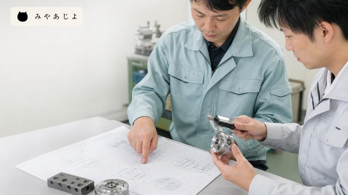 製造業の担当者が部品、図面、材質情報を照らし合わせるイメージ