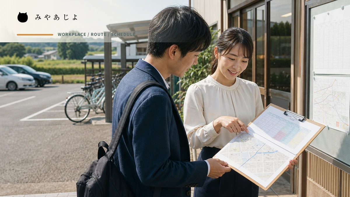 求職者と採用担当者が勤務地への経路と勤務表を確認するイメージ