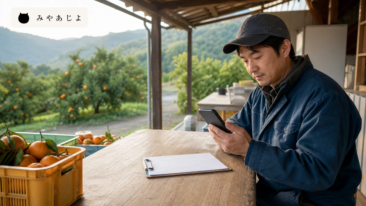 みかん園のスタッフが営業前にスマートフォンで開園情報を更新するイメージ