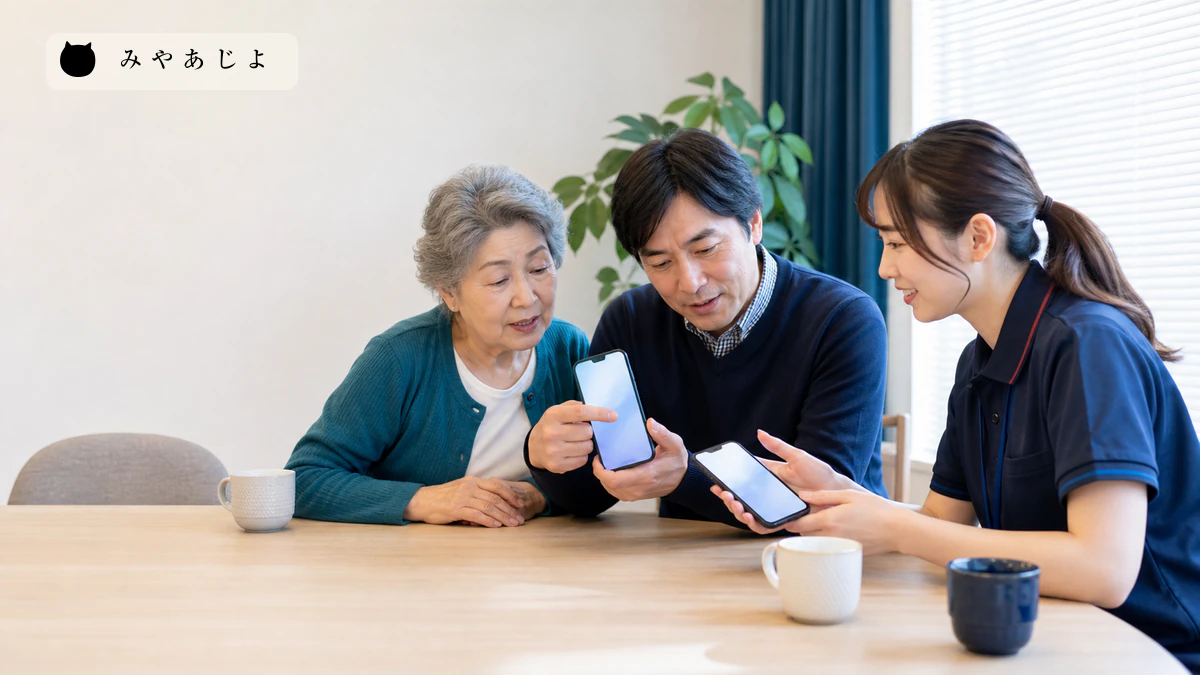 複数世代の利用者と担当者がスマートフォンの表示と操作を一緒に確認するイメージ