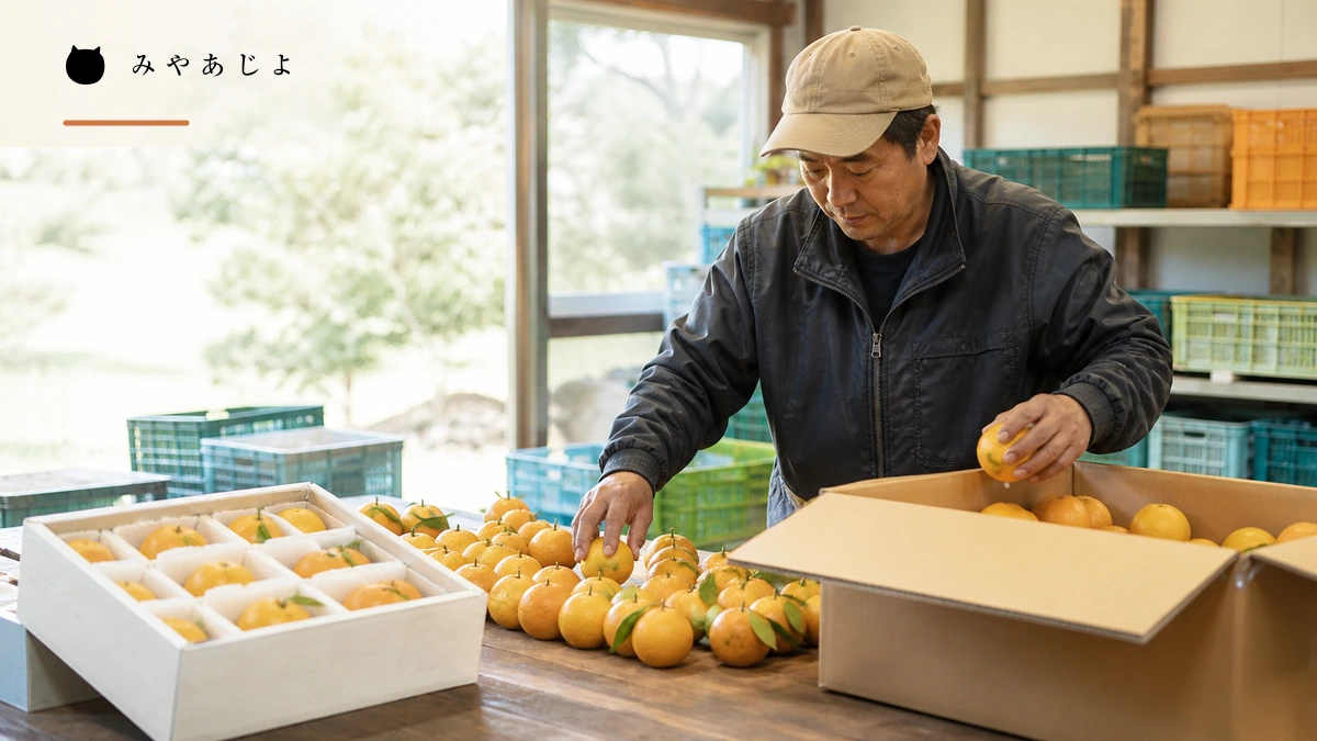 生産者が旬の果実を家庭用と贈答用に選別するイメージ
