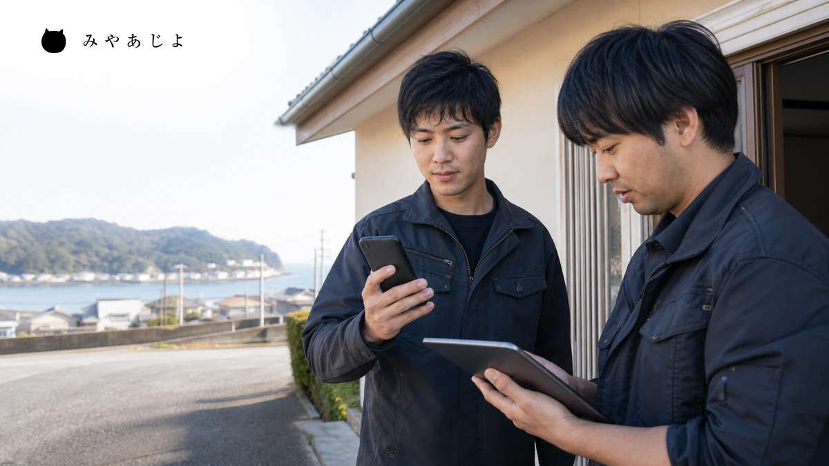 事業者がスマートフォンで予約完了と当日案内を確認するイメージ