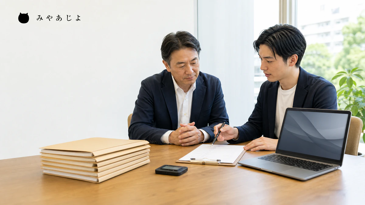 事業者と制作担当者がドメインやサーバーなどの管理項目を確認するイメージ