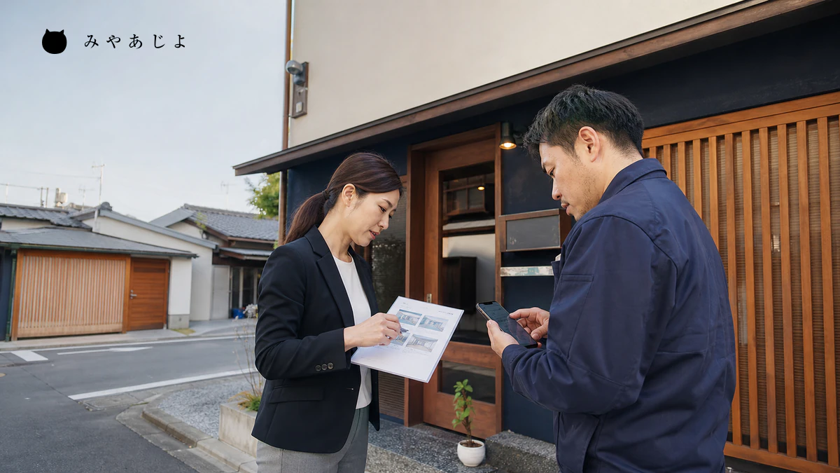 店舗責任者が入口や看板と登録情報を現地で照合するイメージ