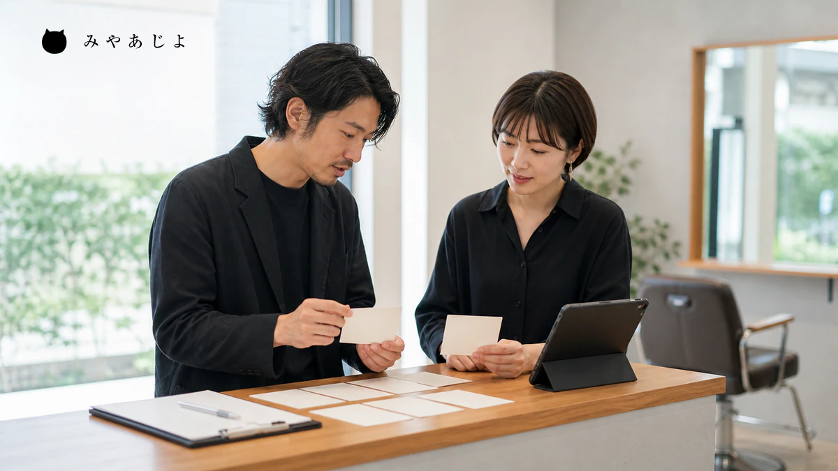 美容室スタッフが施術メニューと料金条件を整理するイメージ