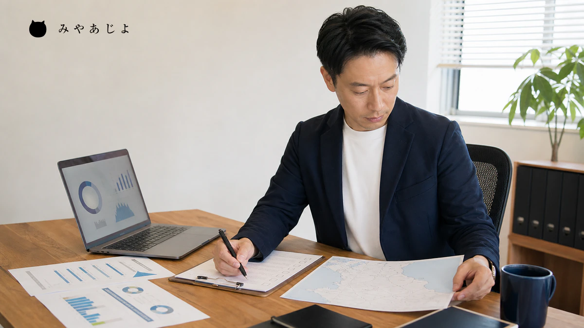 事業者が商圏と検索データの基準値を整理するイメージ
