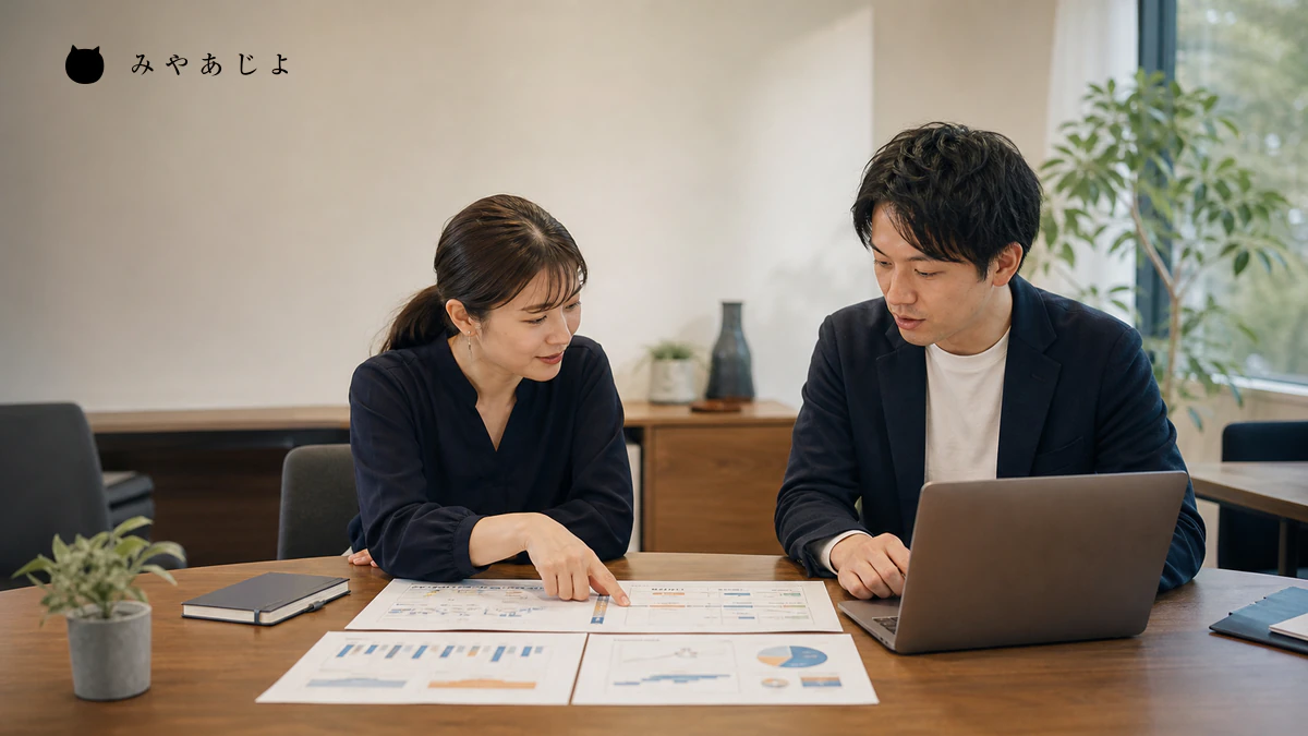 SEO担当者と事業者が改善履歴と成果指標を照合するイメージ