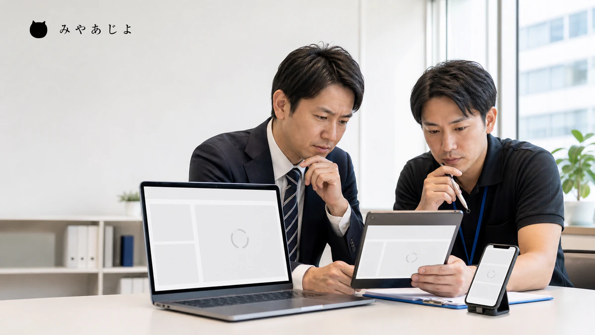 複数の端末と回線でホームページの表示範囲を確認するイメージ