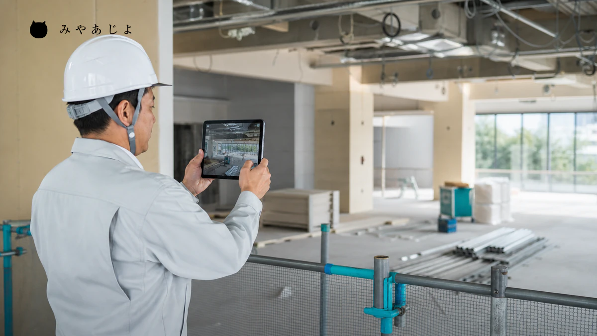 建設現場の担当者が施工状況をタブレットで記録するイメージ