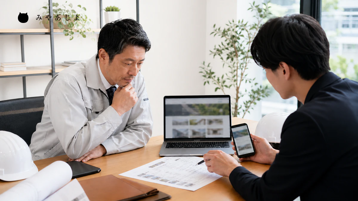 建設会社の責任者とWeb担当者がパソコンとスマートフォンで公開前確認を行うイメージ