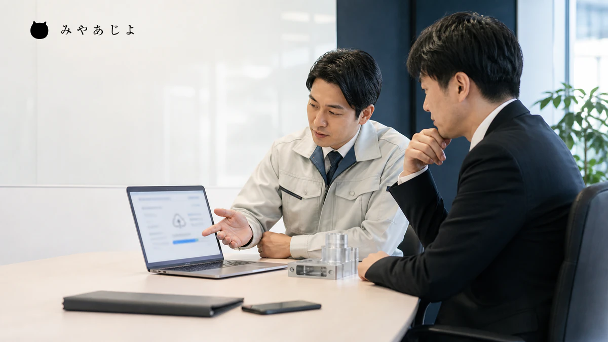 技術営業担当者と購買担当者が安全な資料受領方法を確認するイメージ