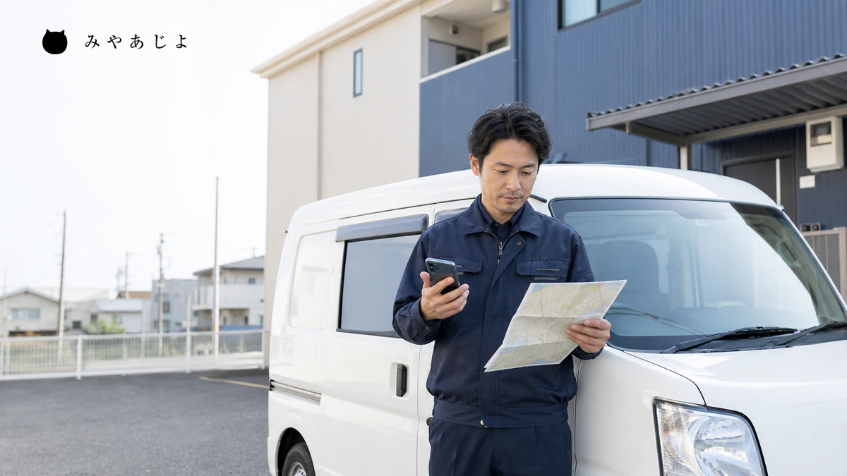 訪問サービス担当者が車両の前で訪問地域を確認するイメージ
