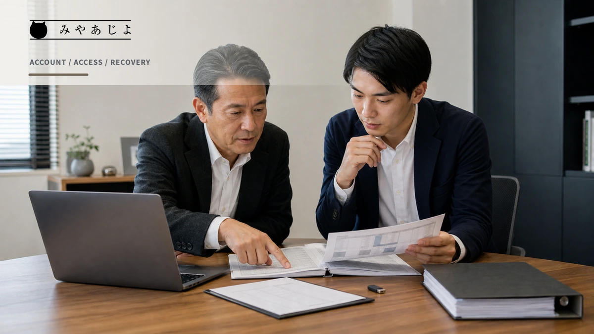 新旧責任者がアカウント台帳と更新チェック表を照合するイメージ