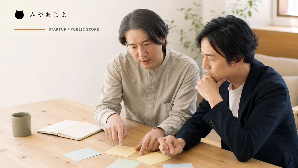 創業者と協力者が事業仮説と公開する情報を確認するイメージ