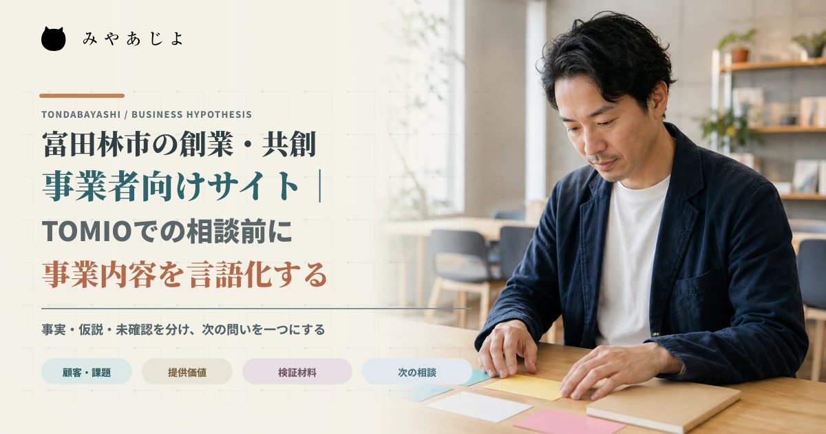 創業者が事業内容をカードに整理しているイメージ