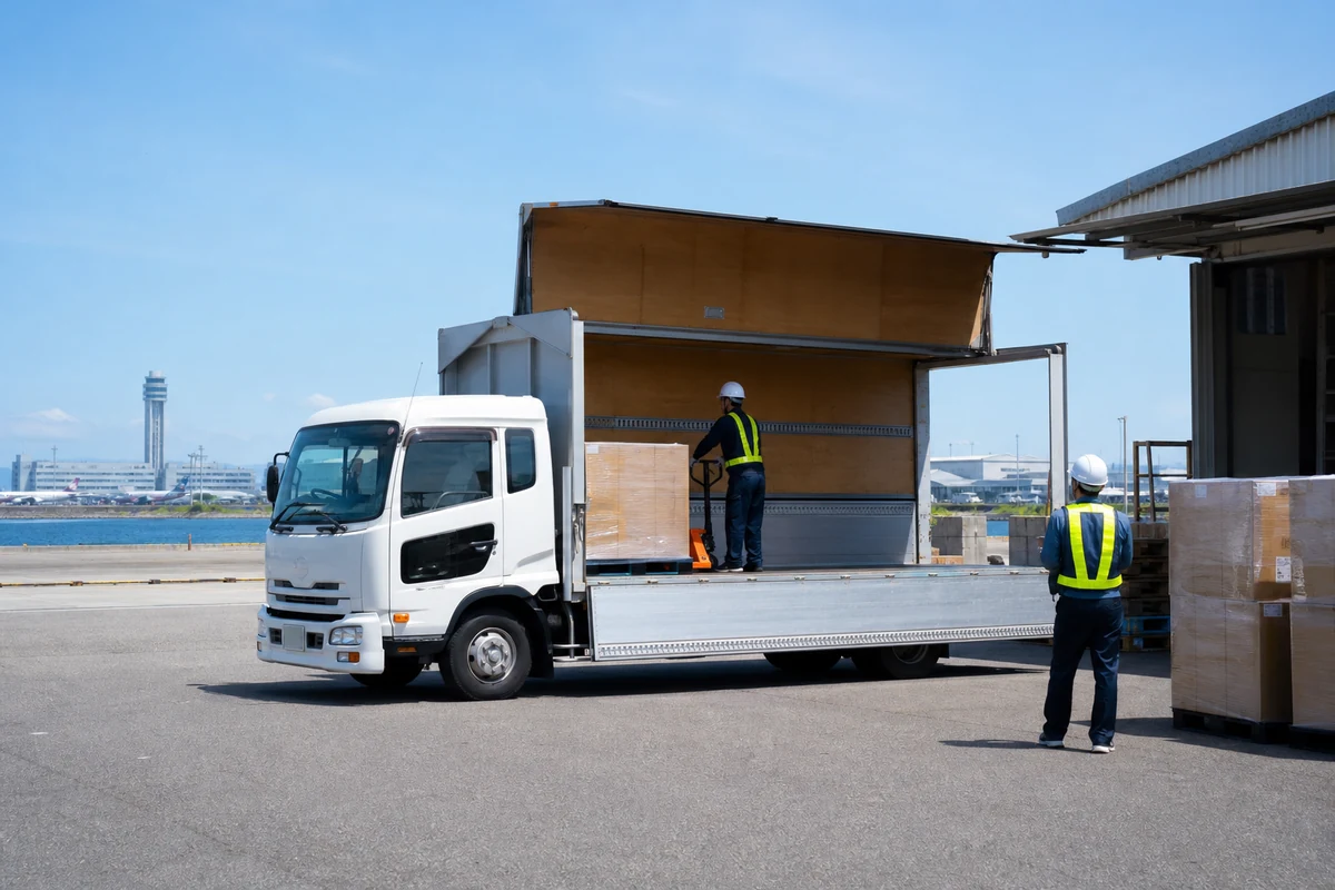 田尻町周辺の物流施設で中型トラックへ荷物を安全に積み込む作業者