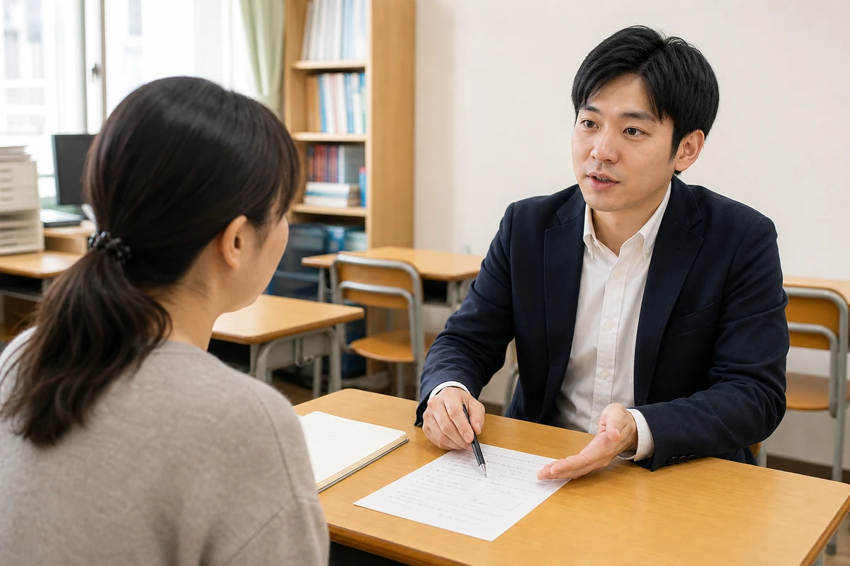学習塾の教室で相談内容を説明する担当者