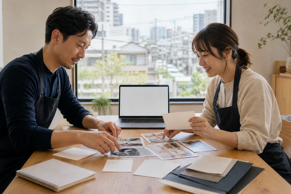 会社の写真やサービス資料を並べ、ホームページに載せる情報を整理する大阪狭山市周辺の事業者