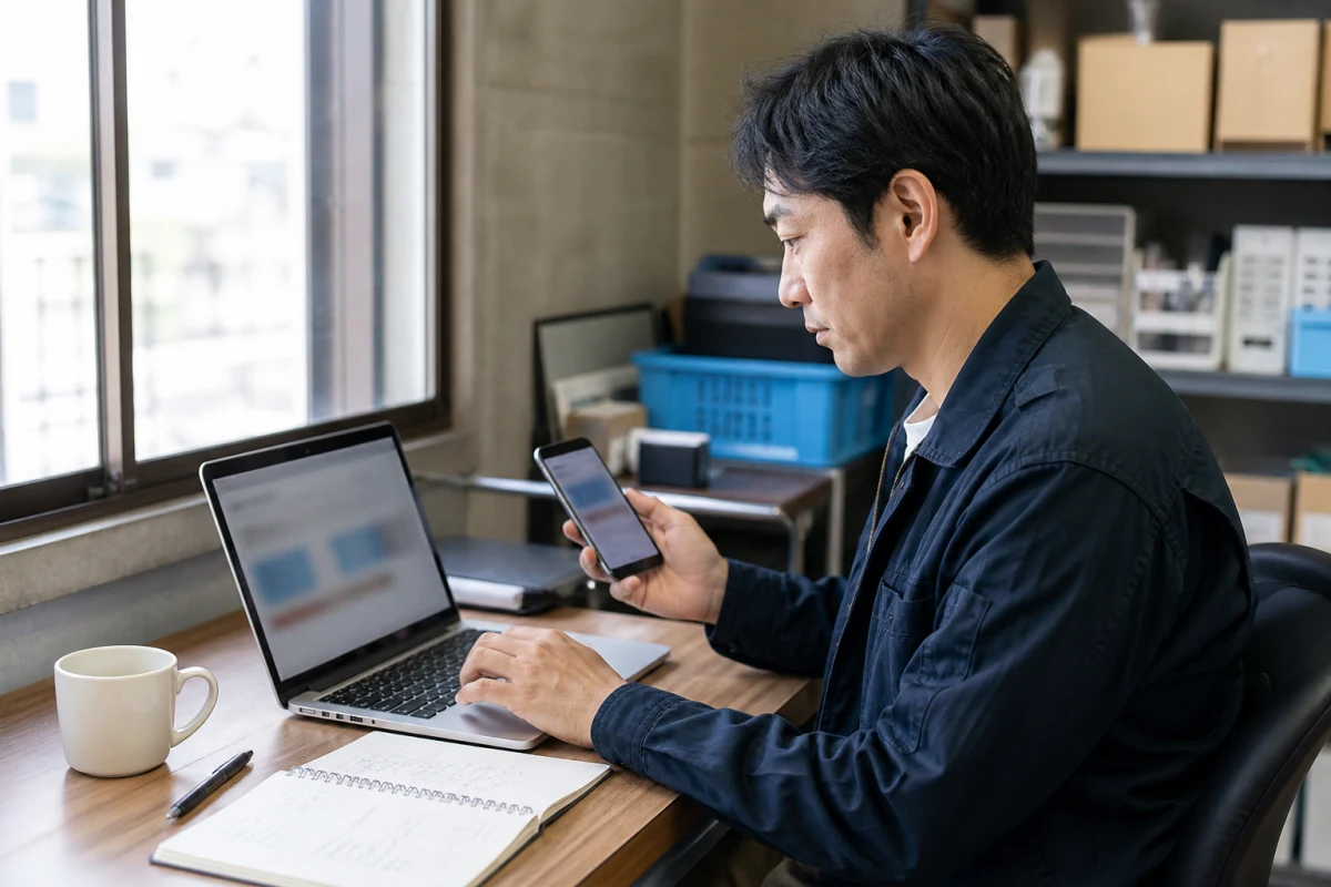 ノートを置きパソコンとスマートフォンで修正箇所を確認する事業者
