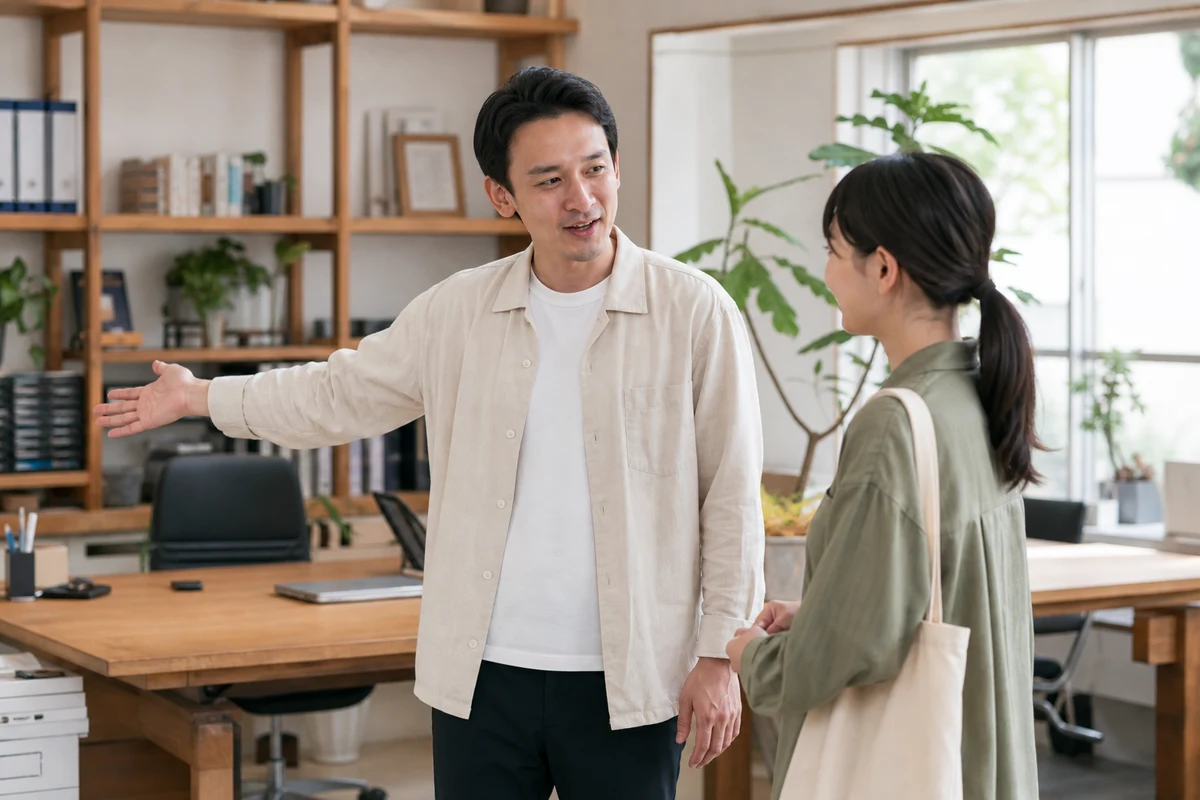 応募前に実際の職場と仕事の流れを案内する採用担当者