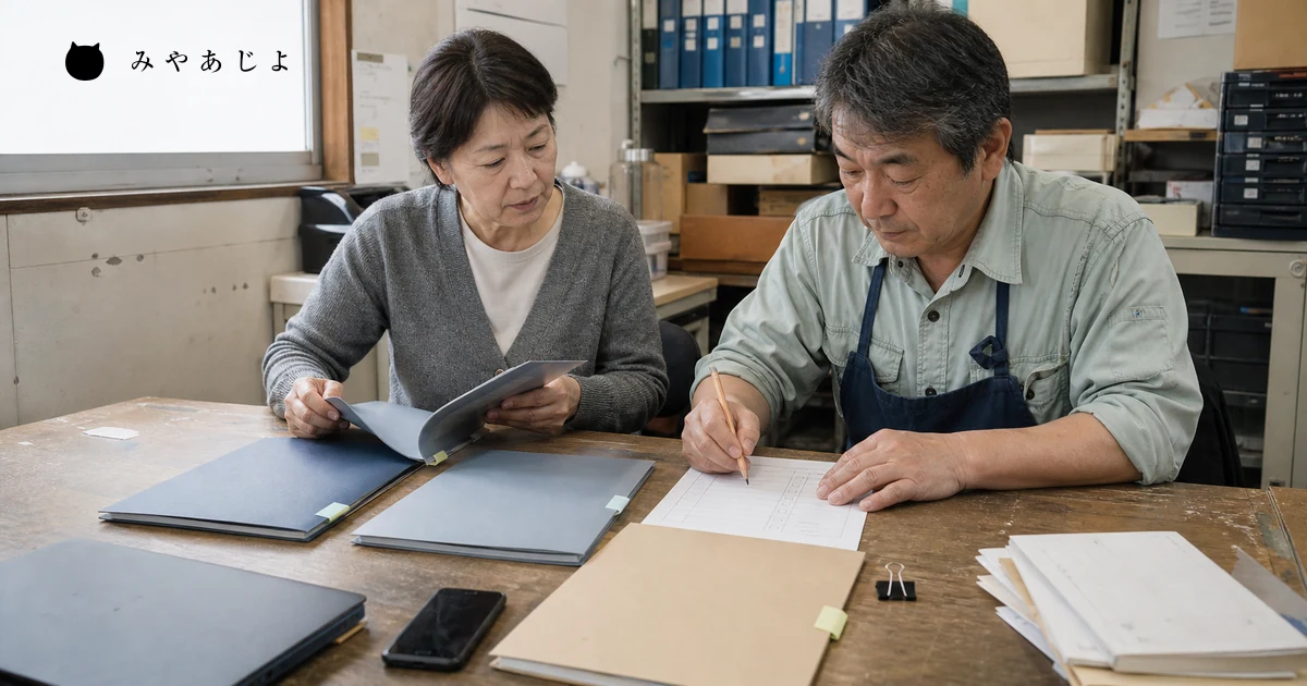 小規模事業者の担当者2名が3冊の無地SEO提案書と紙の比較表を照合する場面