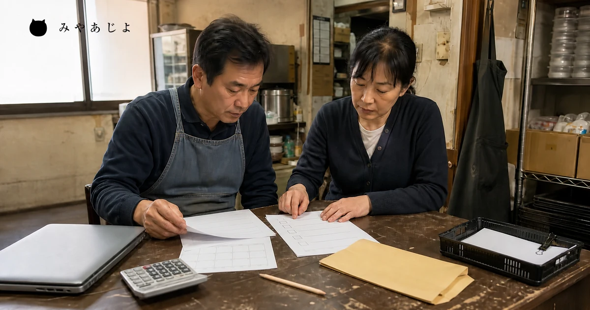 小規模店舗の担当者2名が無記名の見積書と申請前チェック用紙を照合する場面