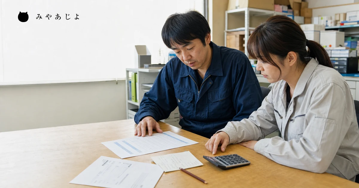 担当者2名が紙の予算表と請求資料を確認する小規模事業者の打ち合わせ