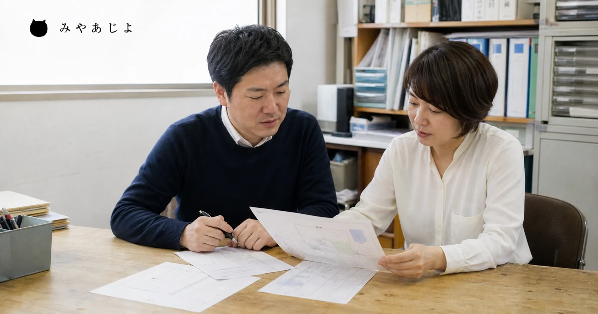 多店舗の本部担当者と店舗担当者が店舗台帳と営業情報を照合する自然な場面