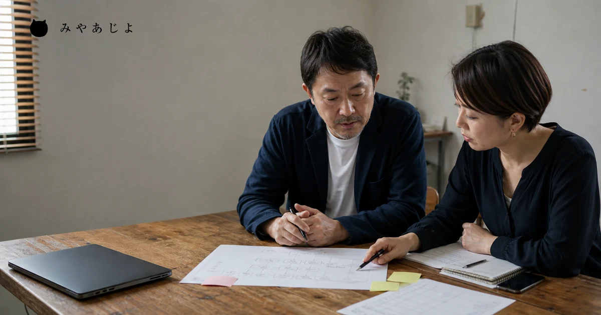 企業担当者とWeb制作担当者が要件表とサイト構成を確認する自然な打合せ風景