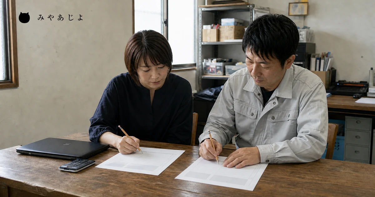 普通の小規模事業所で担当者2名が紙のLP比較案と計測票を確認する様子