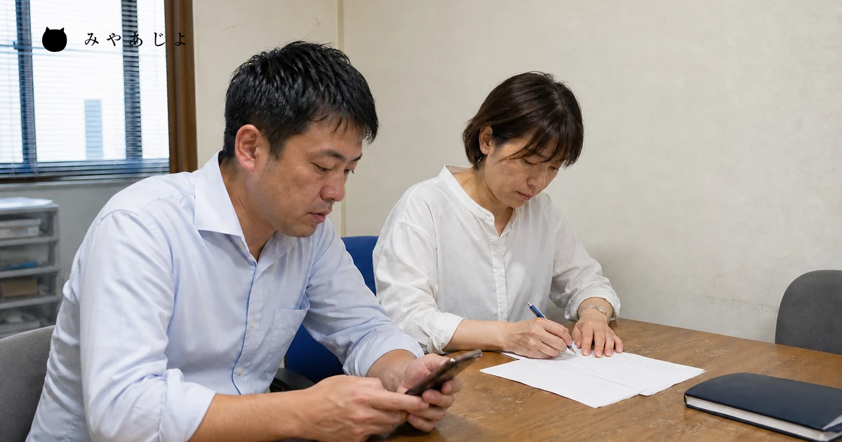 中小企業の担当者2名が画面を見せないスマートフォンと無記名の試算表を確認する様子