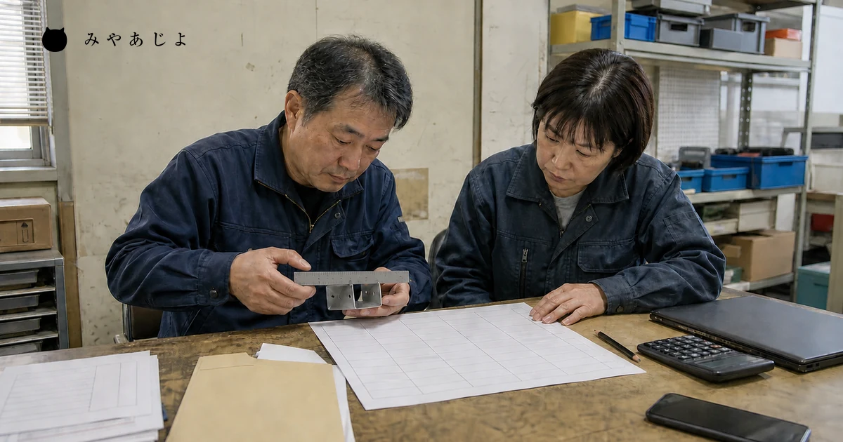 小規模加工業の担当者2名が無記名の価格原票と製品条件を照合する場面