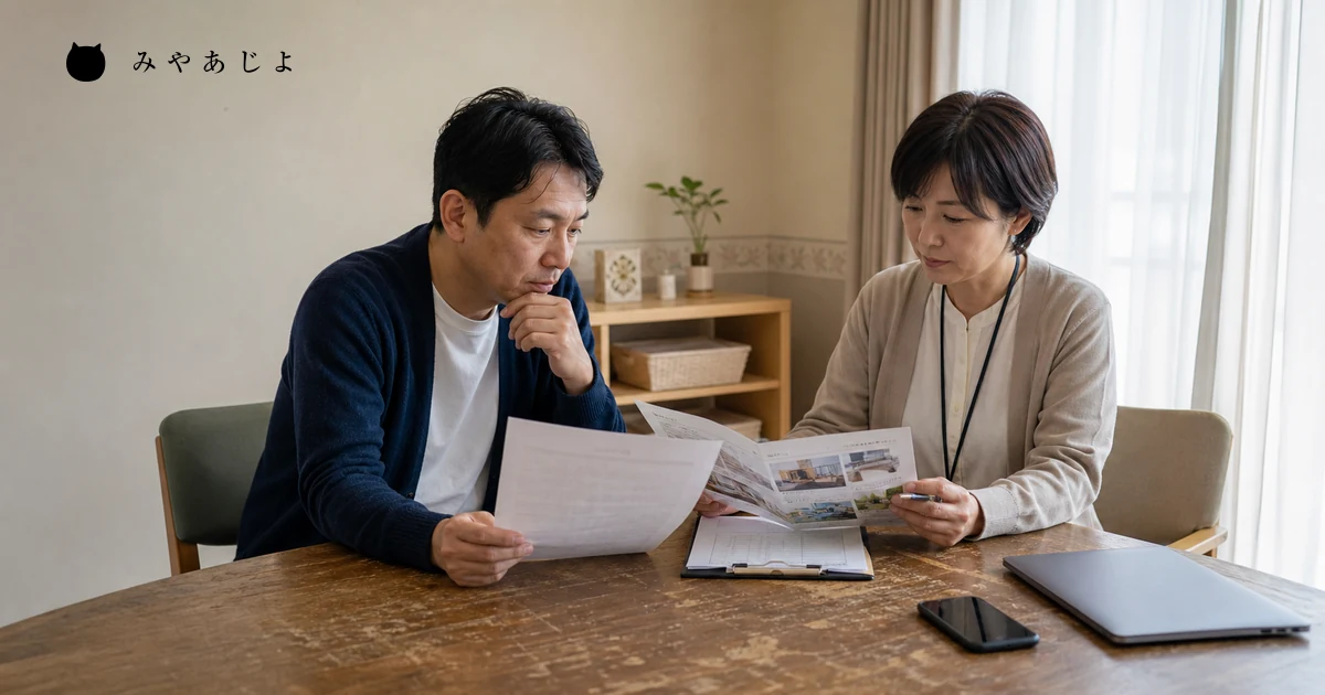 家族と介護施設の担当者が料金表と見学確認票を見ながら相談する自然な場面