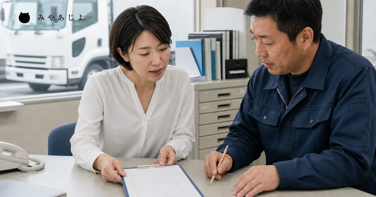 運送会社の担当者2名が無記名のドライバー求人確認表を照合する場面