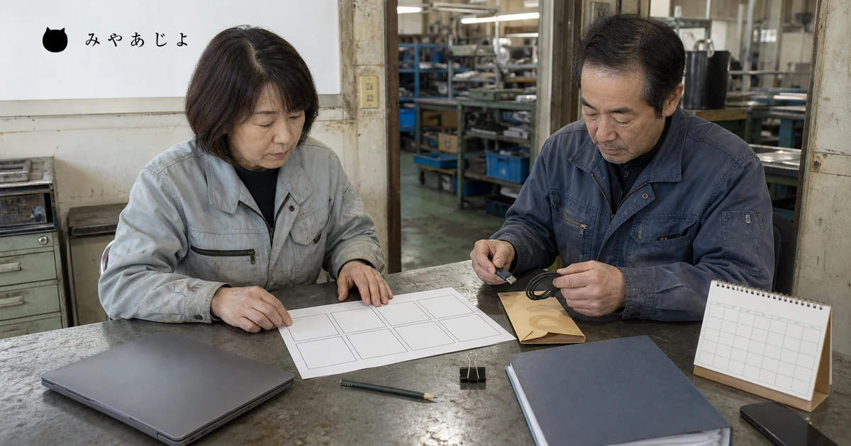 堺の小規模製造業の担当者2名が相談前の8区画資料と保有物を整理する場面