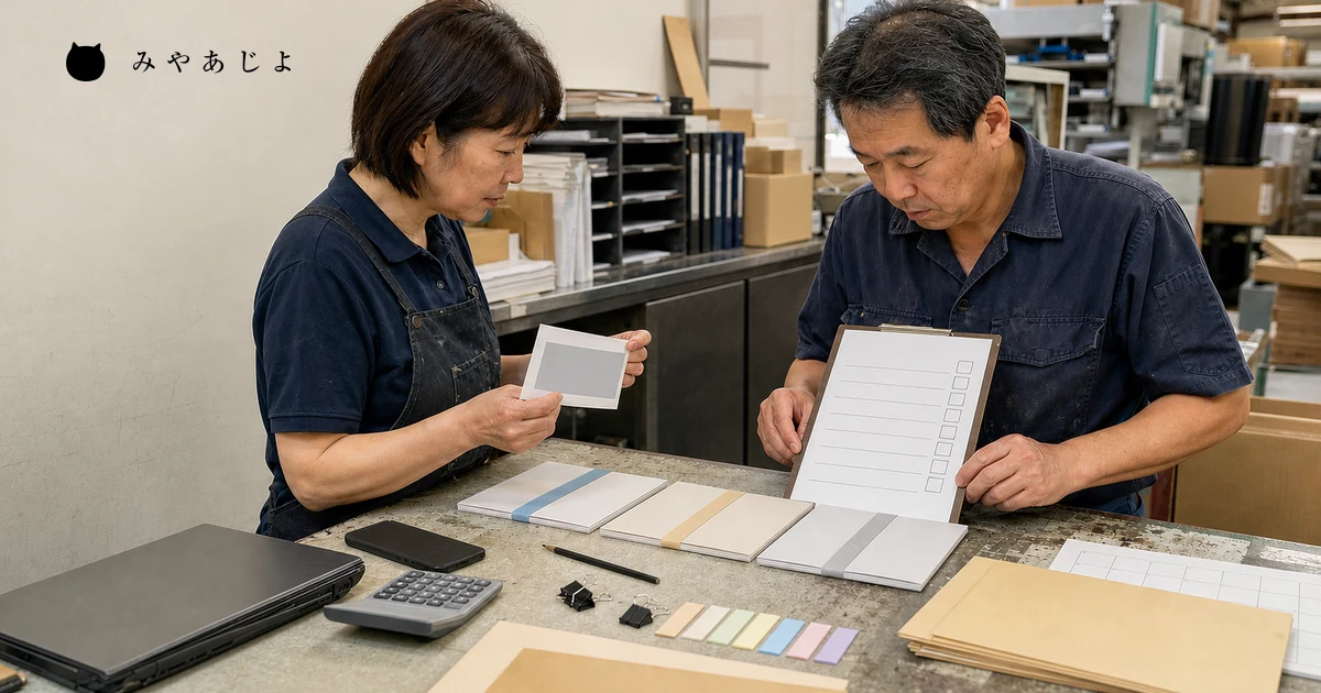 堺の小規模事業所の担当者2名が無記名の制作見積資料を比較する場面