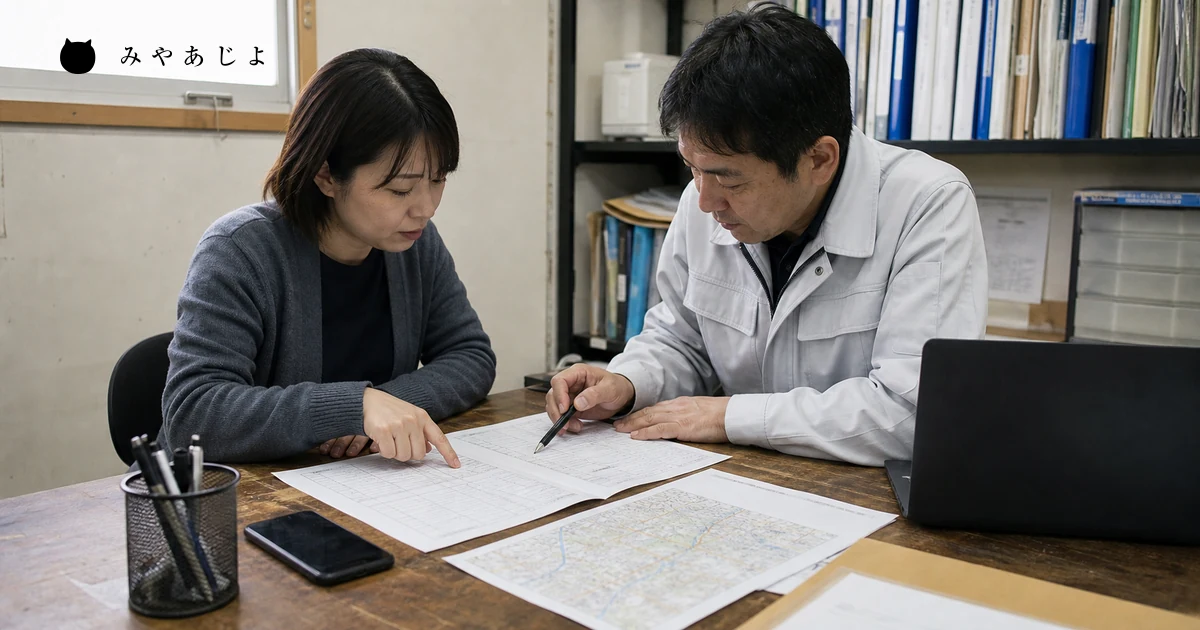 紙のURL一覧と地域ページ確認票を照合する小規模事業者の担当者2名