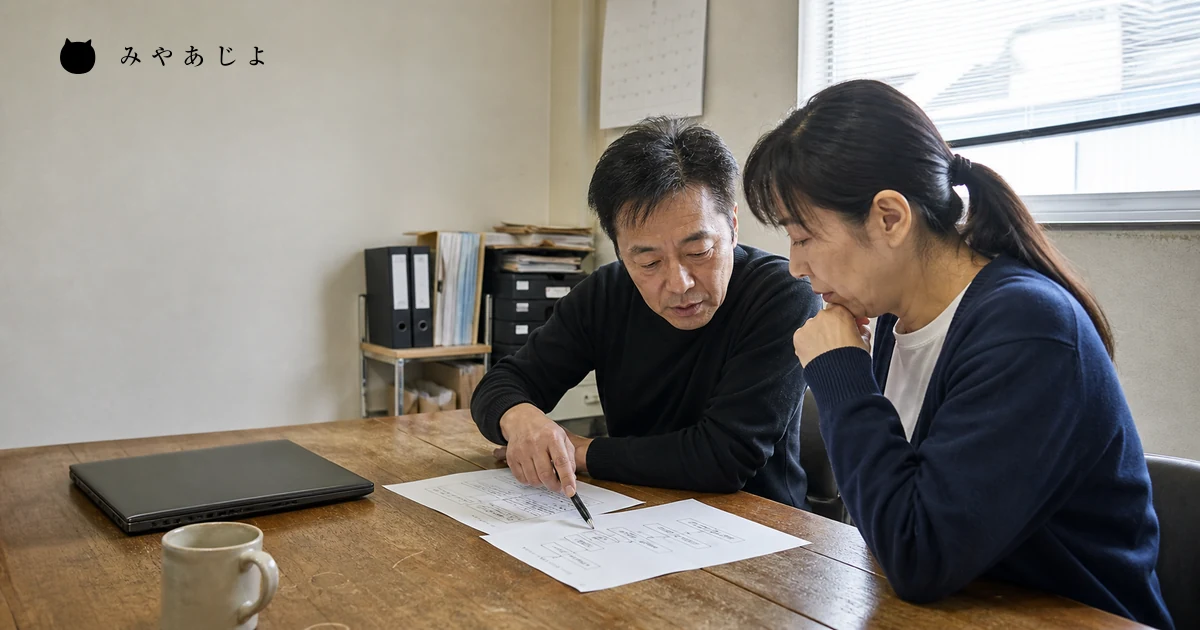 紙の地域名キーワード表とサイト構成図を照合する小規模事業者の担当者2名